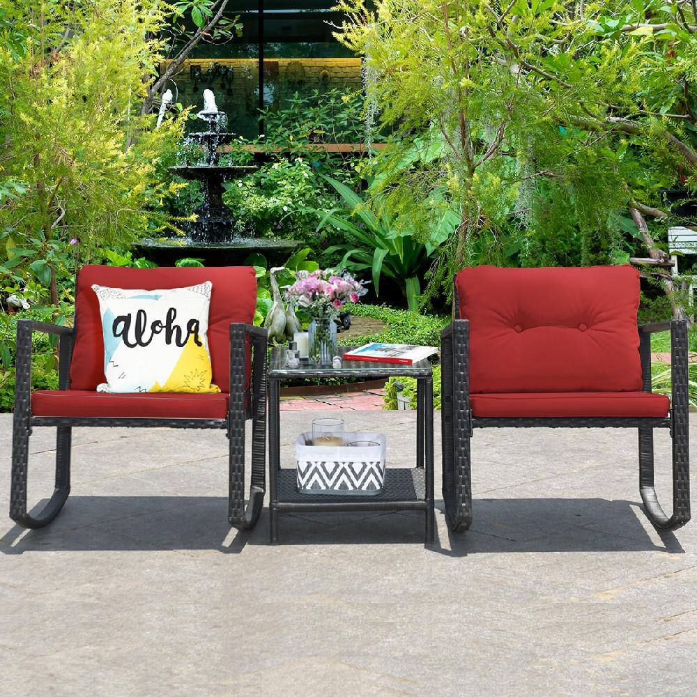 Costway  3-Piece Wicker Patio Conversation Set Bistro Furniture Set 2 Rocking Chairs. Glass Side Table with Red Cushions