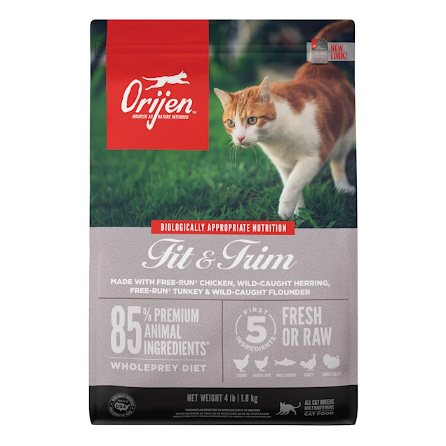 ORIJEN Grain Free Fit & Trim Support Healthy Weight Fresh & Raw Animal Ingredients Dry Cat Food. 4 lbs.