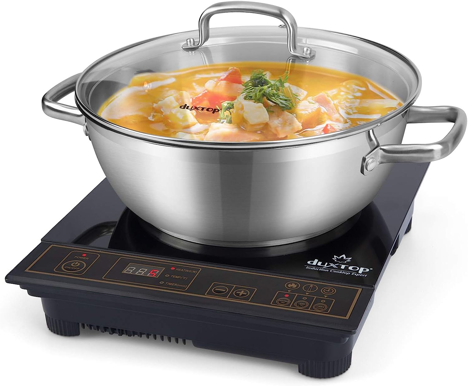 Duxtop 1800W Portable Induction Cooktop. Countertop Burner Included 5.7 Quarts Professional Stainless Steel Cooking Pot with Lid. Heavy Impact-bonded Bottom