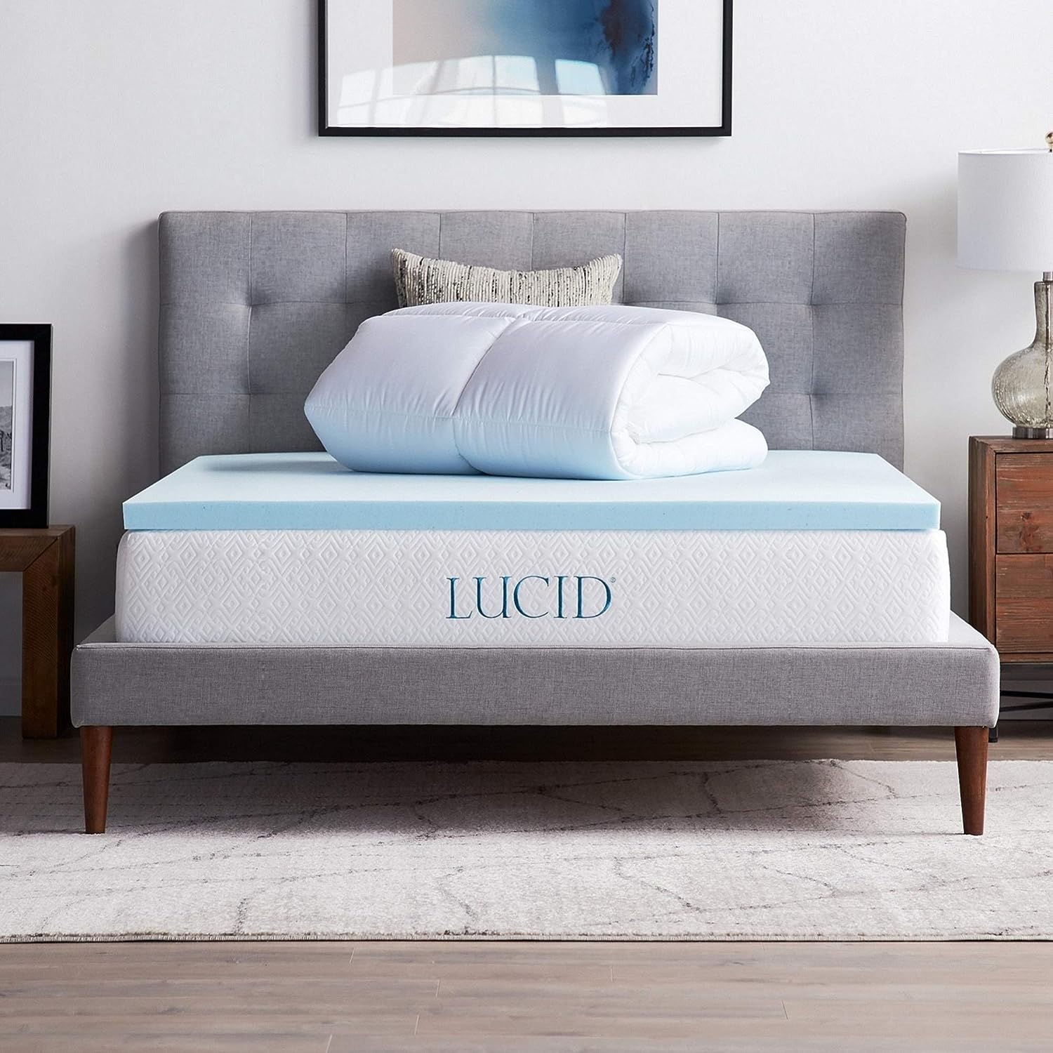 LUCID 4 Inch Down Alternative and Gel Memory Foam Mattress Topper - Three Toppers In One - Queen. Blue