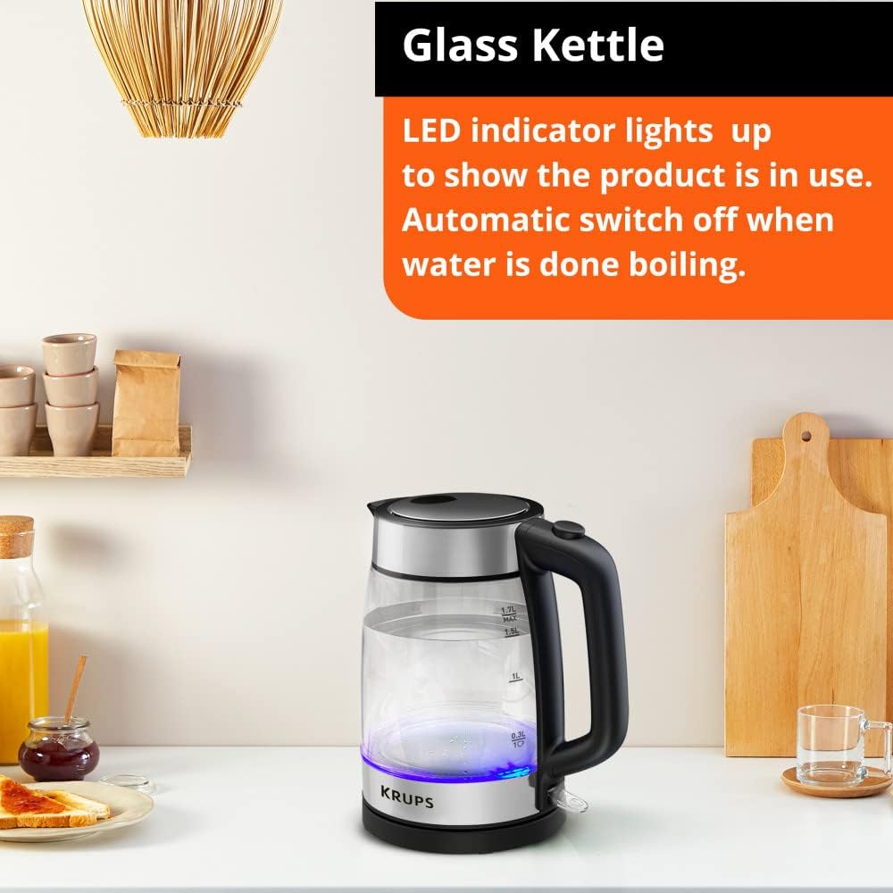 Krups Glass Electric Kettle 1.7 Liter LED Indicator. Anti Scale Filter. 1500 Watts Digital Control. Double Wall. Fast Boiling. Auto Off. Keep Warm. Cordless