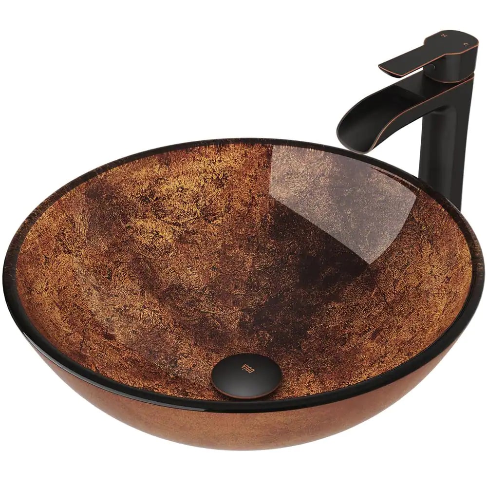 VIGO VGT504 Glass Round Vessel Bathroom Sink in Russet Brown. Antique Rubbed Bronze