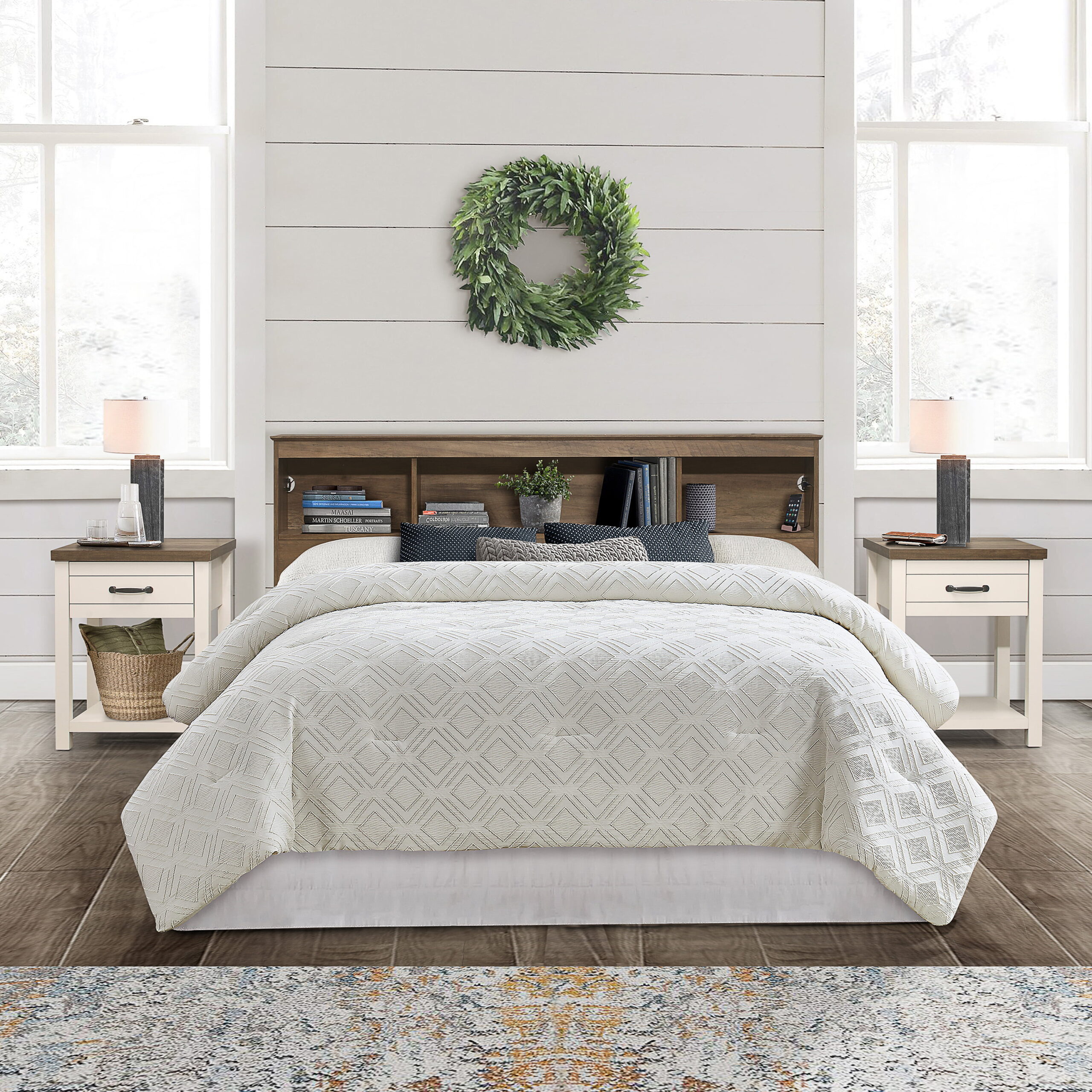 Woven Paths Carriage Hill Low Profile Bookcase Full/ Queen Headboard with 2 USB Ports. Oak