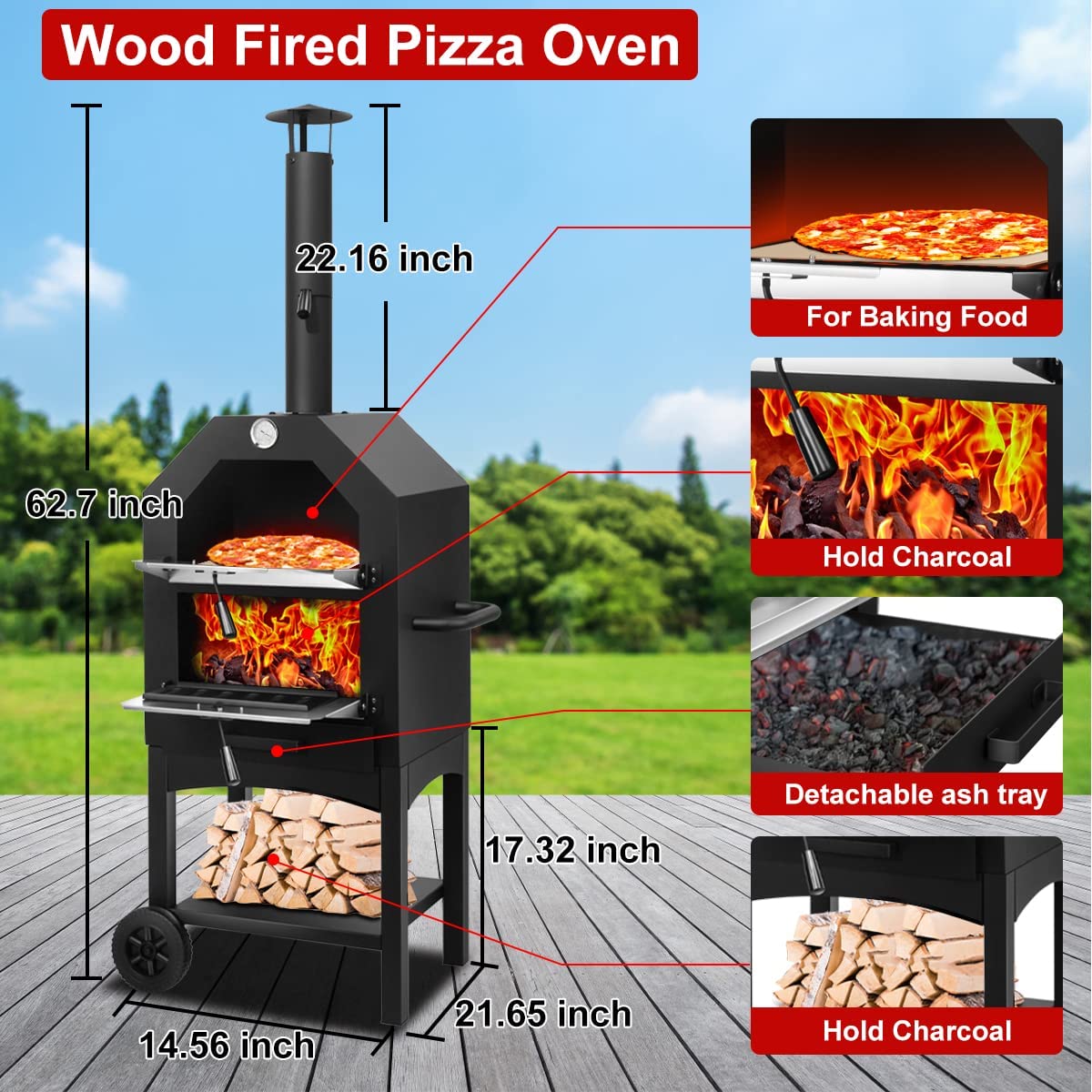 Outdoor Pizza Oven. Wood Fired Pizza Oven for Outside. Patio Pizza Maker with Pizza Stone. Pizza Peel. Grill Rack. and Waterproof Cover for Backyard Camping
