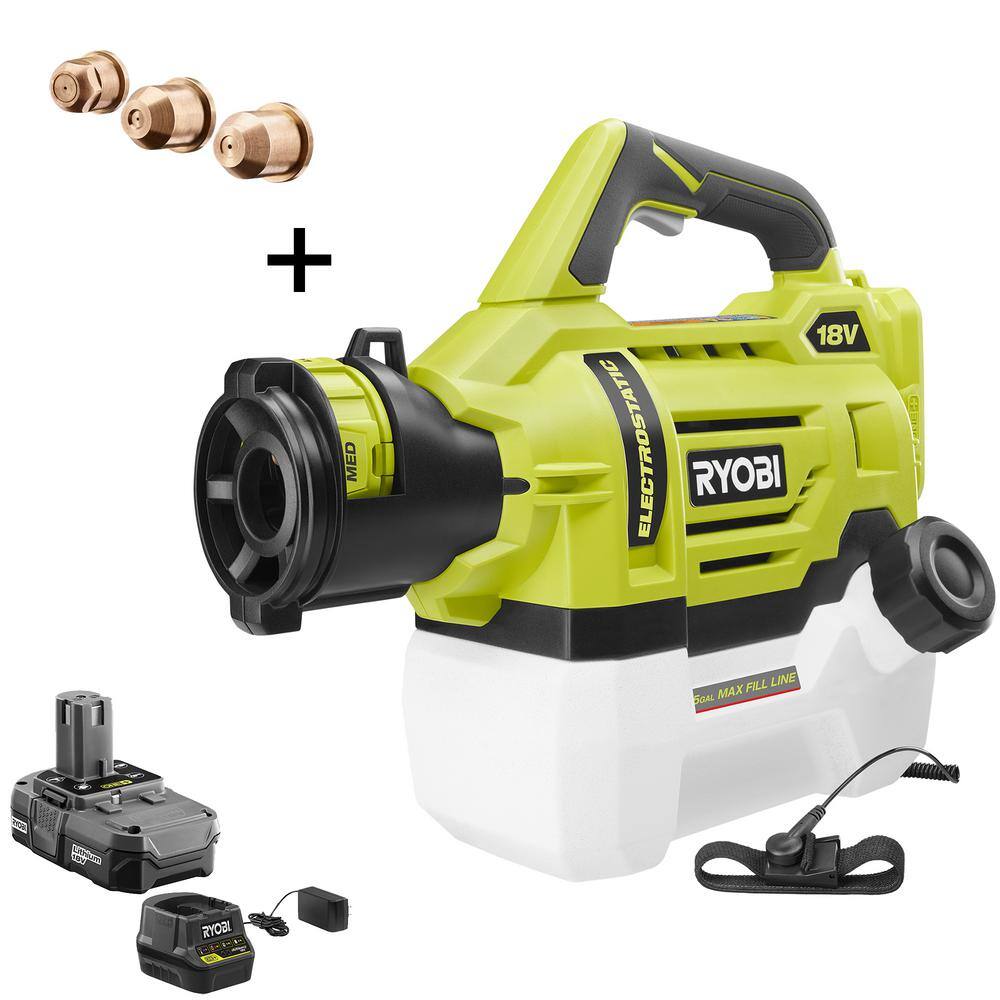 RYOBI P2890-A12 ONE+ 18V Cordless Electrostatic 0.5 Gal. Sprayer with Extra Low/Medium/High Nozzles with 2.0 Ah Battery and Charger