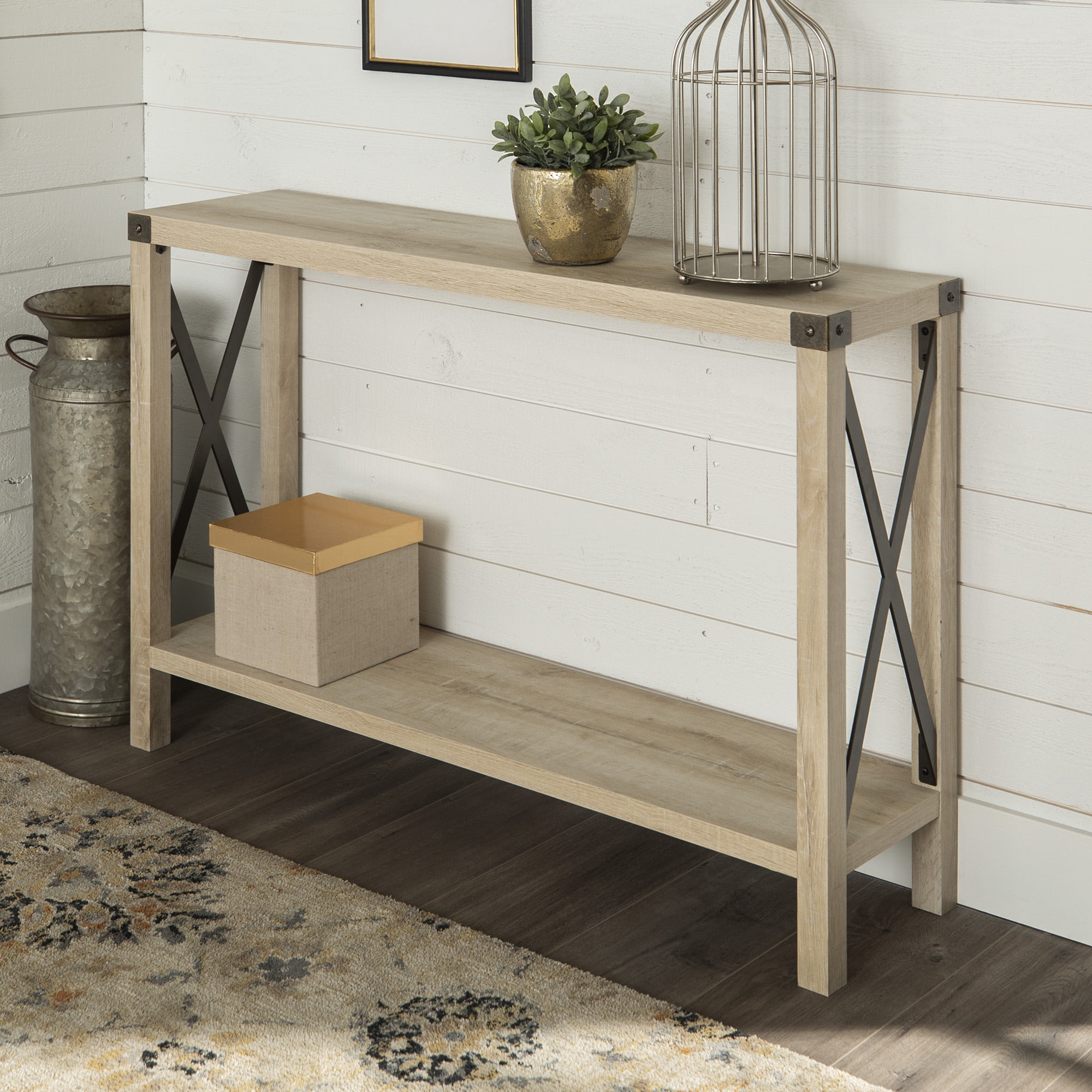 Woven Paths Magnolia Metal X Console Table. White Oak