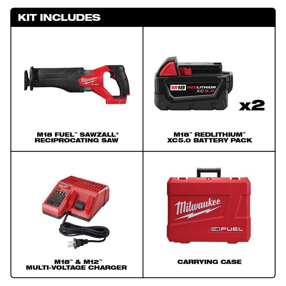 Milwaukee 2821-22 M18 FUEL 18V Lithium-Ion Brushless Cordless SAWZALL Reciprocating Saw Kit w/Two 5.0 Ah Batteries Charger & Hard Case