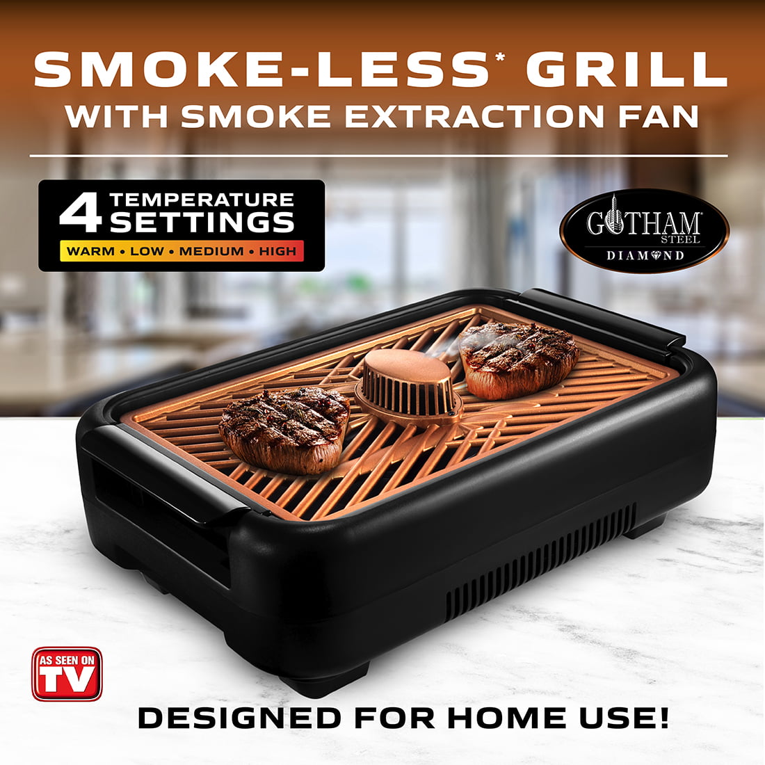 Gotham Steel Smokeless Grill with Fan. Indoor Grill Ultra Nonstick Electric Grill Dishwasher Safe Surface. Temp Control. Metal Utensil Safe. Barbeque Indoor Grill. As Seen on TV