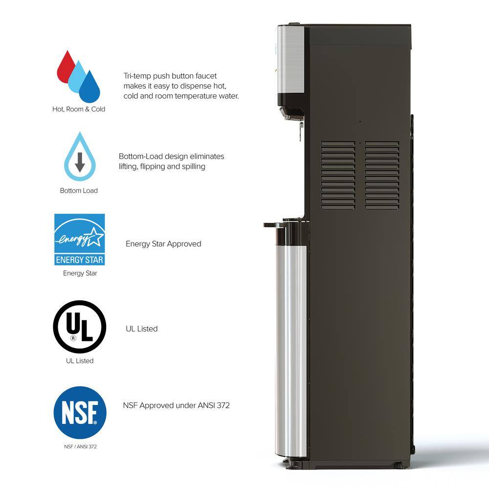 Brio CLBL520SC Essential Tri-Temp Bottom-Load Water Cooler in Black and Brush Stainless-Steel