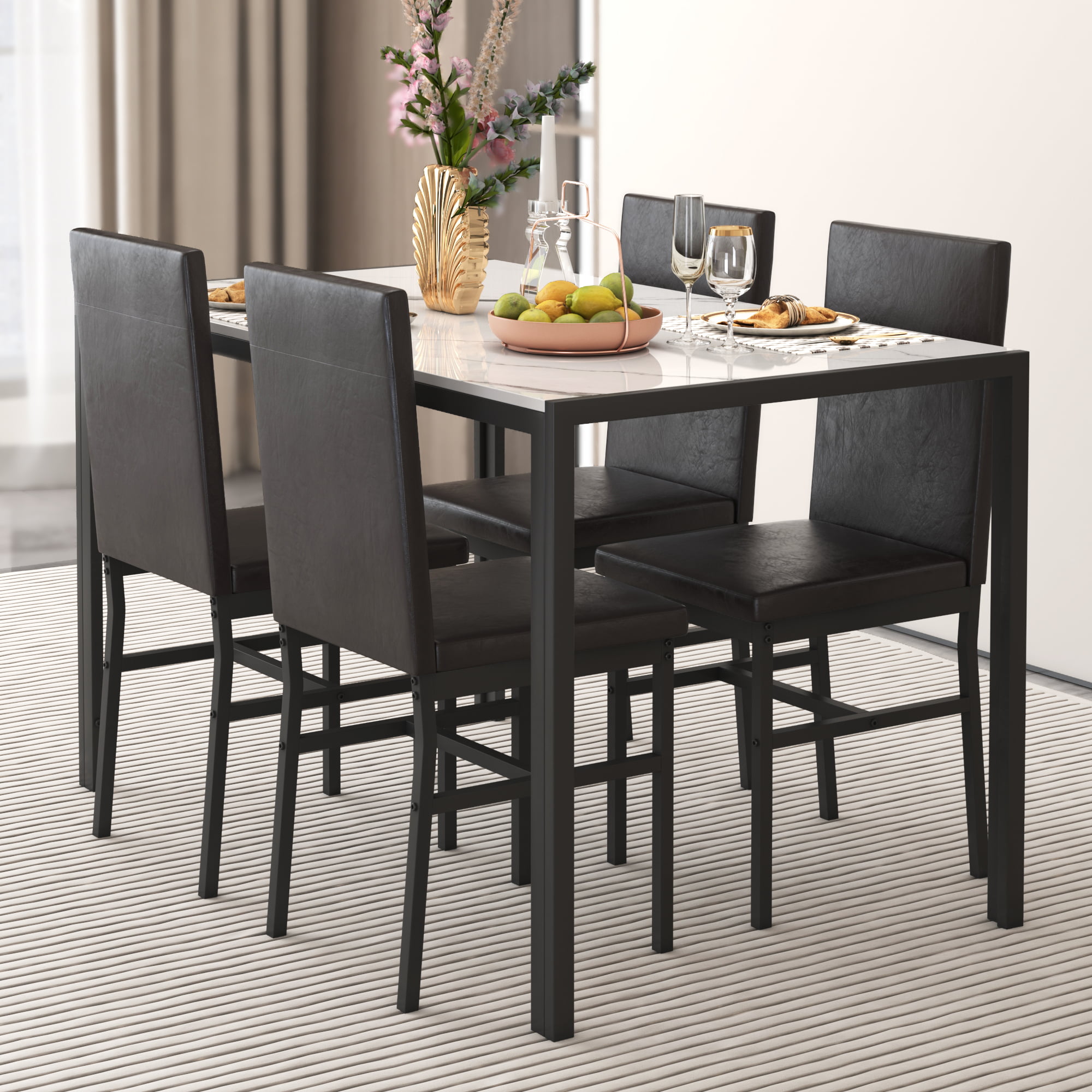 Syngar 5 Piece Dining Set. Modern Dining Table and Chairs Set for 4. Kitchen Dining Table Set with Faux Marble Tabletop and 4 PU Leather Upholstered Chairs. for Small Space. Breakfast Nook. D8835