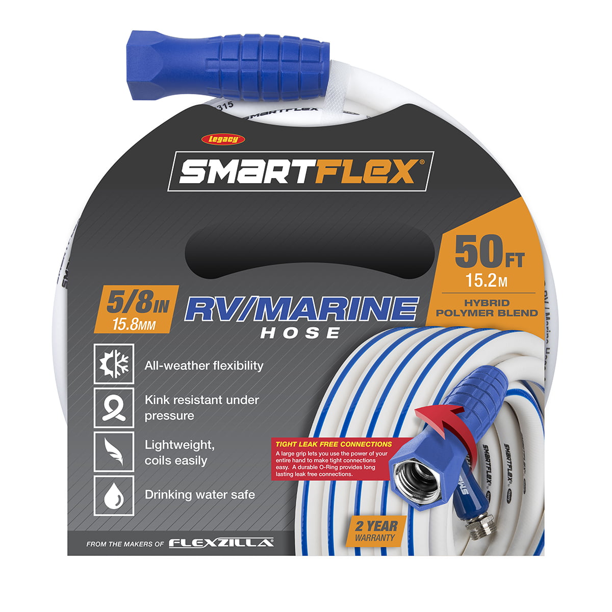 SmartFlex® RV/Marine Hose. 5/8″ x 50′. 3/4″ - 11 1/2 GHT Fittings. Hybrid Polymer Blend. White