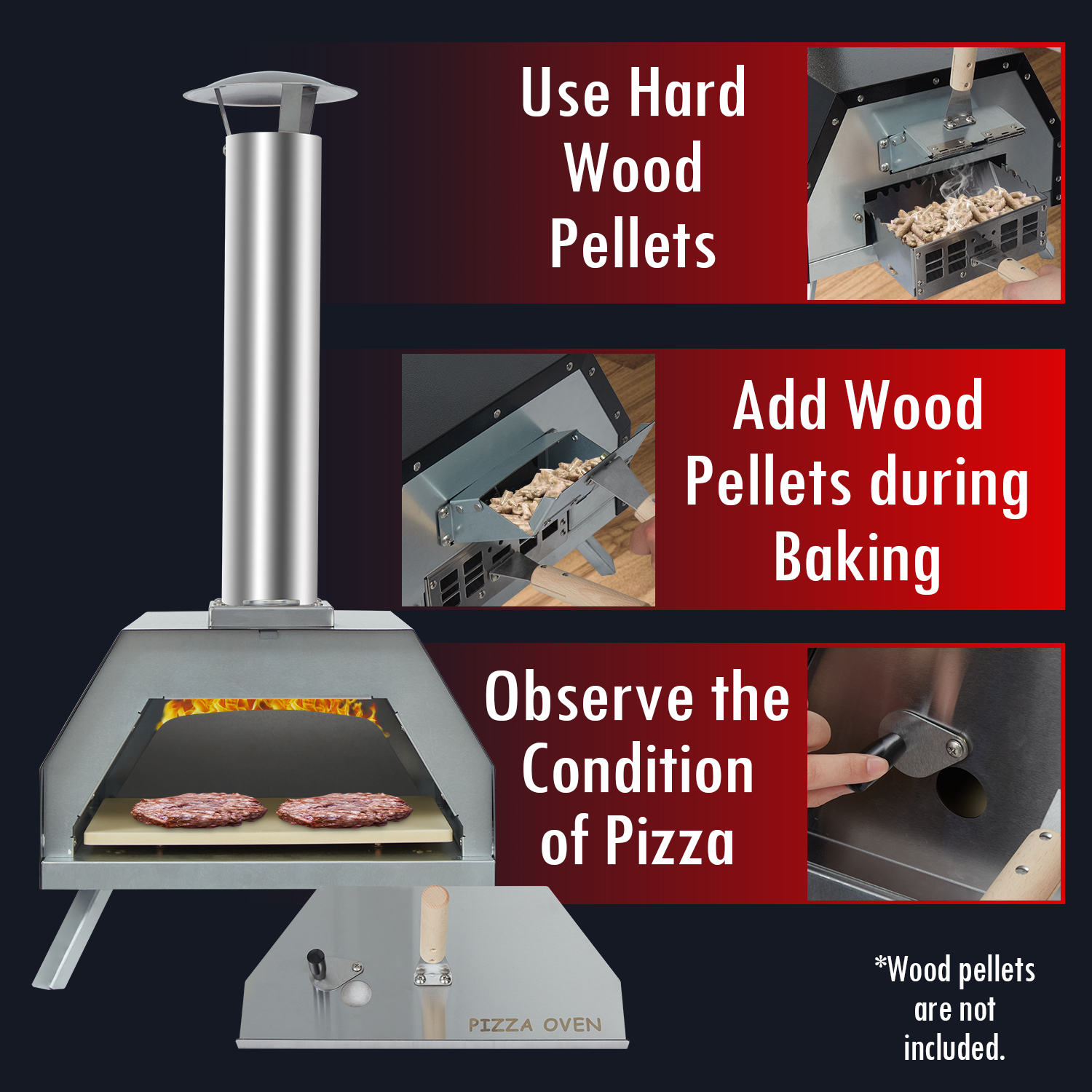 Kinbor Pizza Oven Wood Fired Outdoor Stainless Steel Pizza Maker with Fold-up Leg. 13'' Pizza Stone. Waterproof Cover/Bag
