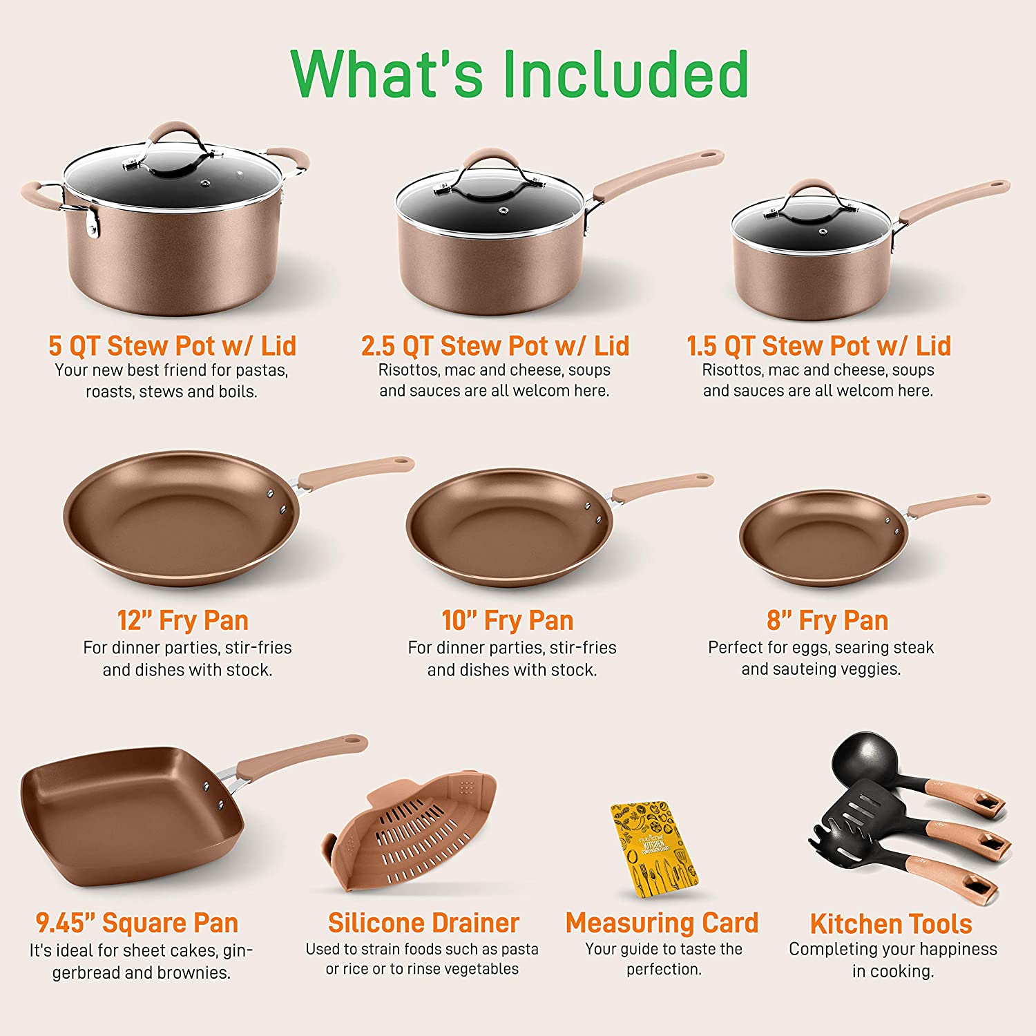 NutriChef 14-Piece Nonstick Cookware PTFE/PFOA/PFOS-Free Heat Resistant Lacquer Kitchen Ware Set w/Saucepan. Frying Pans. Cooking. Dutch Oven Pot. Lids. Utensil NCCW14S. AGold