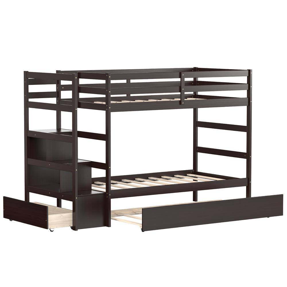 Costway  Espresso Twin Bunk Bed with Trundle Stairway and Storage Shelf Drawer