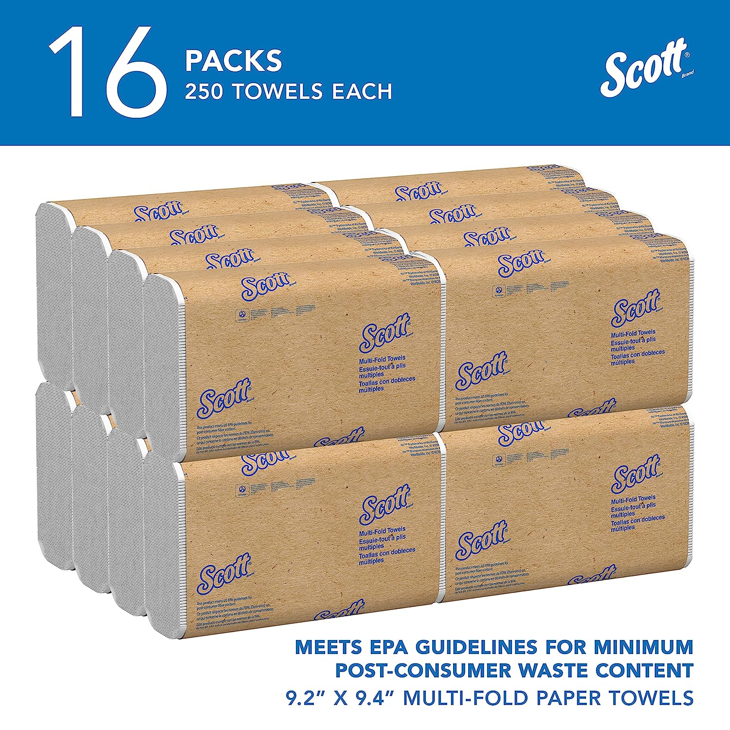 Scott® Multifold Paper Towels (01804). with Absorbency Pockets™. 9.2″ x 9.4″ sheets. White. (250 Sheets/Pack. 16 Packs/Case. 4.000 Sheets/Case)