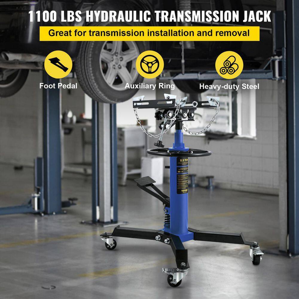 VEVOR MSDGYYCDQJ05T7RKDV0 Transmission Jack 1100 lbs. Hydraulic Telescopic Floor Jack Stand 2-Stage w/ Foot Pedal 360-Degree Wheel for Garage Shop