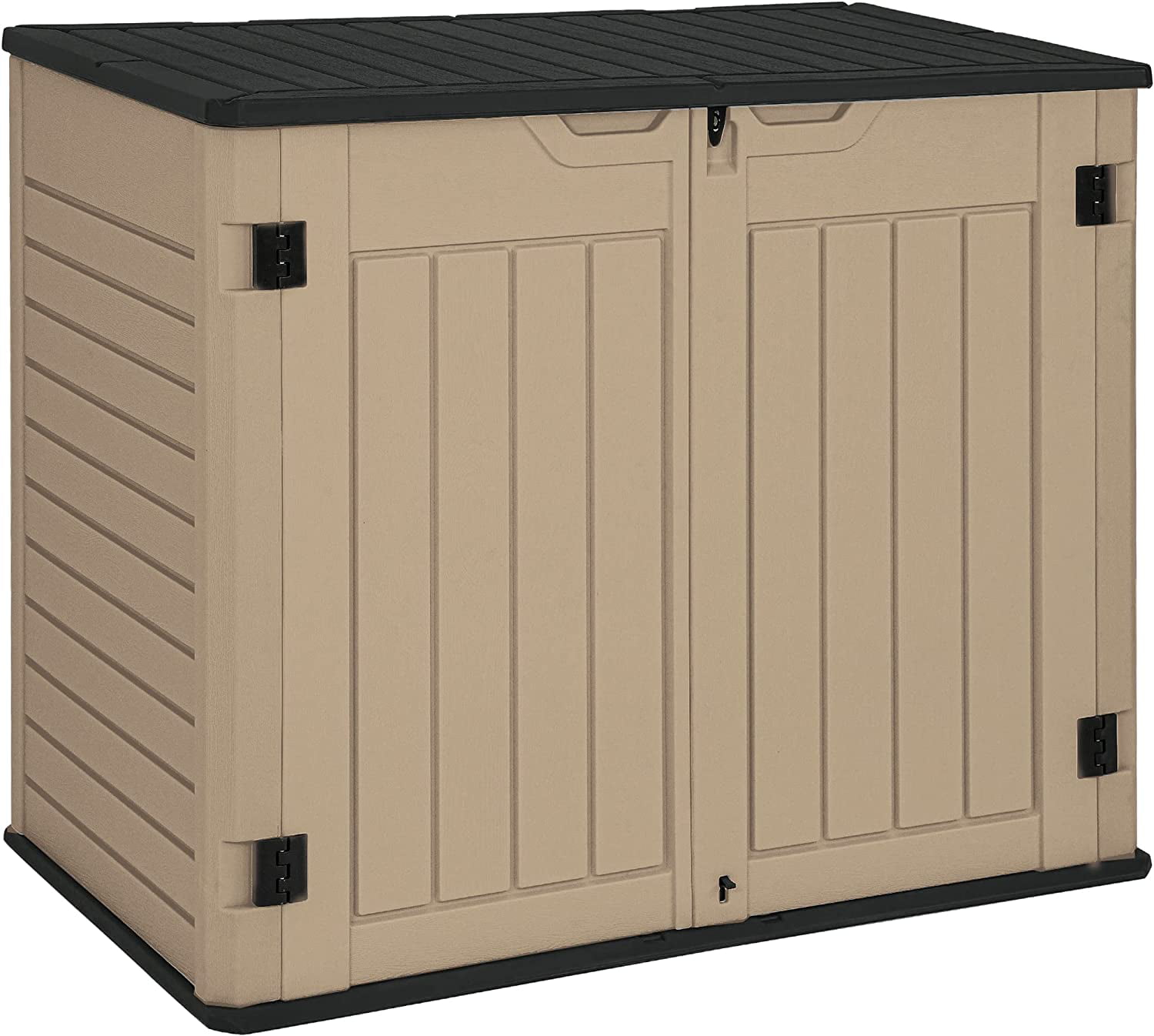 YITAHOME Outdoor Horizontal Storage Sheds. Weather Resistant Resin Tool Shed. Multi-Opening Door for Easy Storage of Bike. Trash Cans. Garden Tools. Lawn Mowers. 27 Cu ft