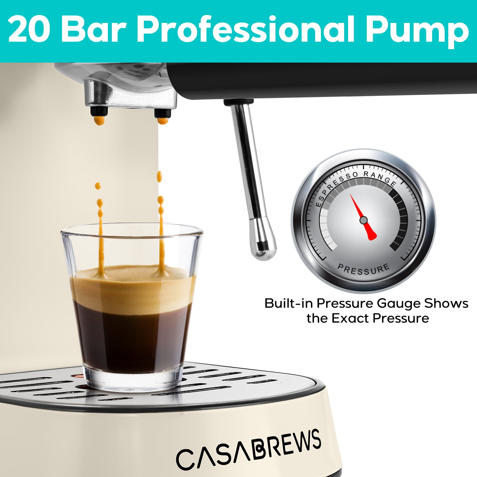 Casabrews 20 Bar Espresso Machine with Milk Frother and 34 oz Water Tank. Stainless Steel. New. Beige