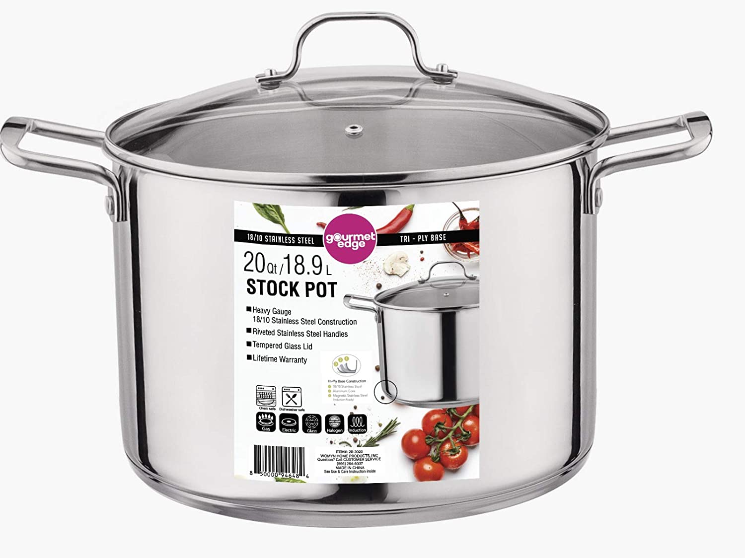 Gourmet Edge 20-Quart Stock Pot - Stainless Steel Soup Pots with Lid as Dishwasher and Oven Safe Cookware. Silver
