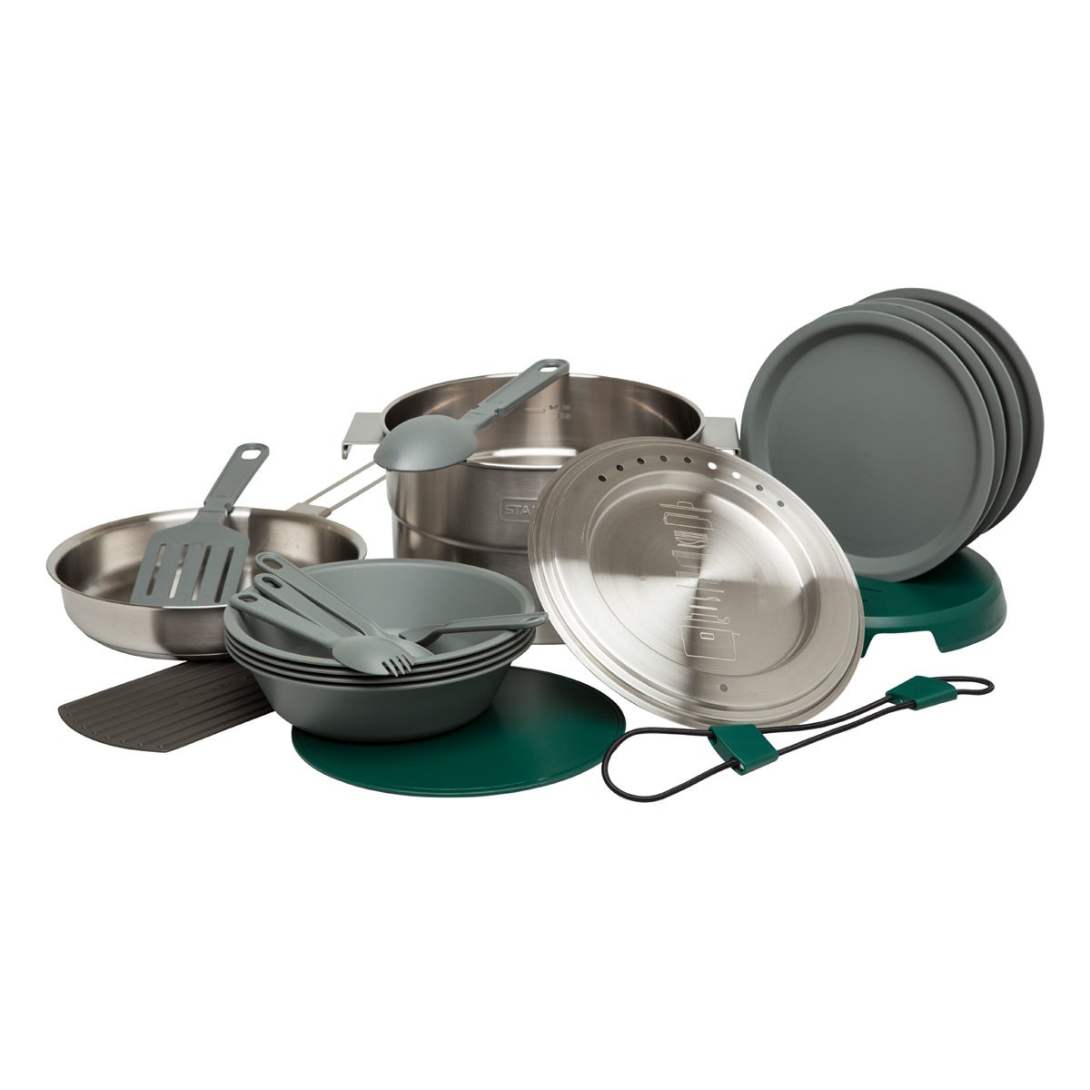 Stanley Base Camp Cook Set for 4 | 21 Pcs Nesting Cookware Made from Stainless Steel & BPA Free Material | Incl Pot. lid. Cutting Board. Spatula. Plates. Spoons. Forks. Bowls. Dish Rack. Trivet