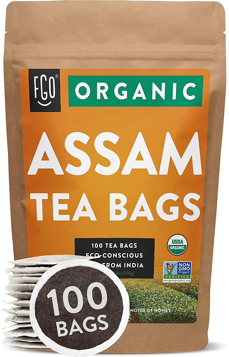 FGO Organic Assam Tea Bags 100 Tea Bags. Eco-Conscious Tea Bags in Kraft Bag