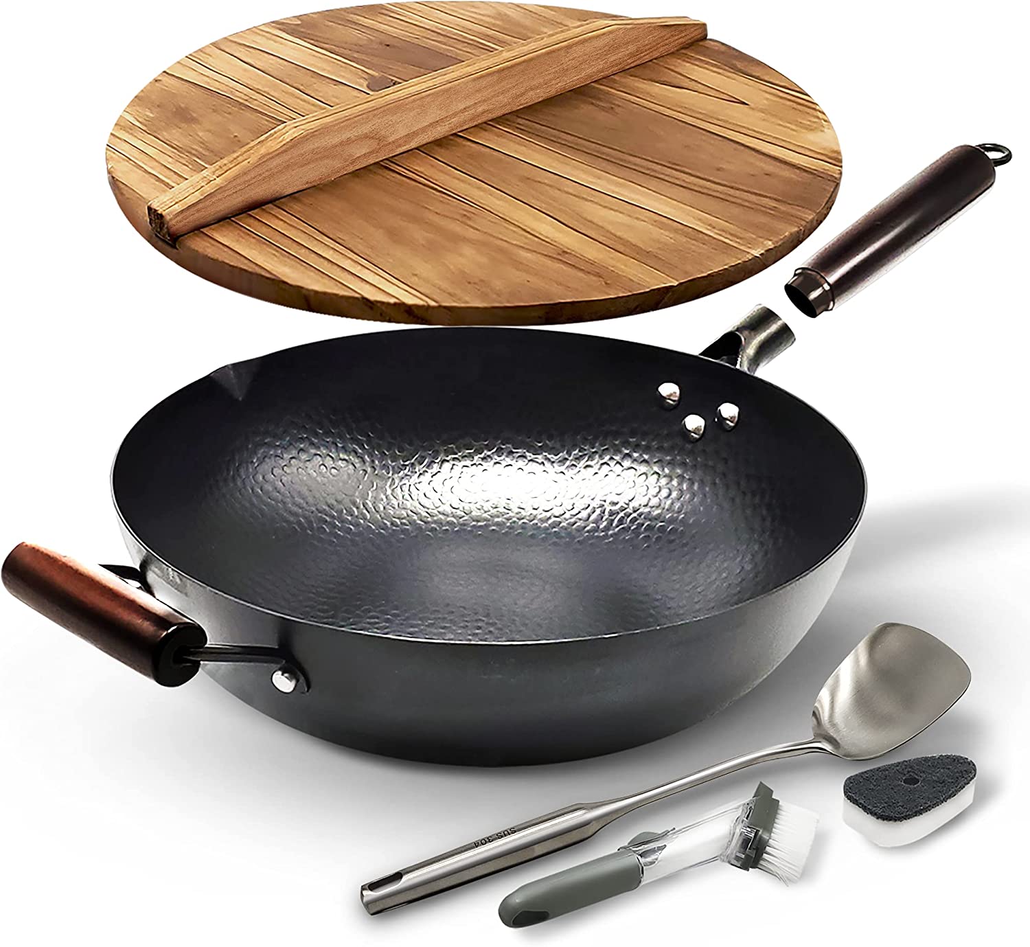 HOME EC Carbon Steel Wok Pan With Lid. Stir Fry Wok Set. Steel Spatula. and Cleaning Brush - Non-Stick Big 12.75″ Flat Bottom Chinese woks & stir-fry pans for Electric. Induction. Ceramic & Gas Stoves