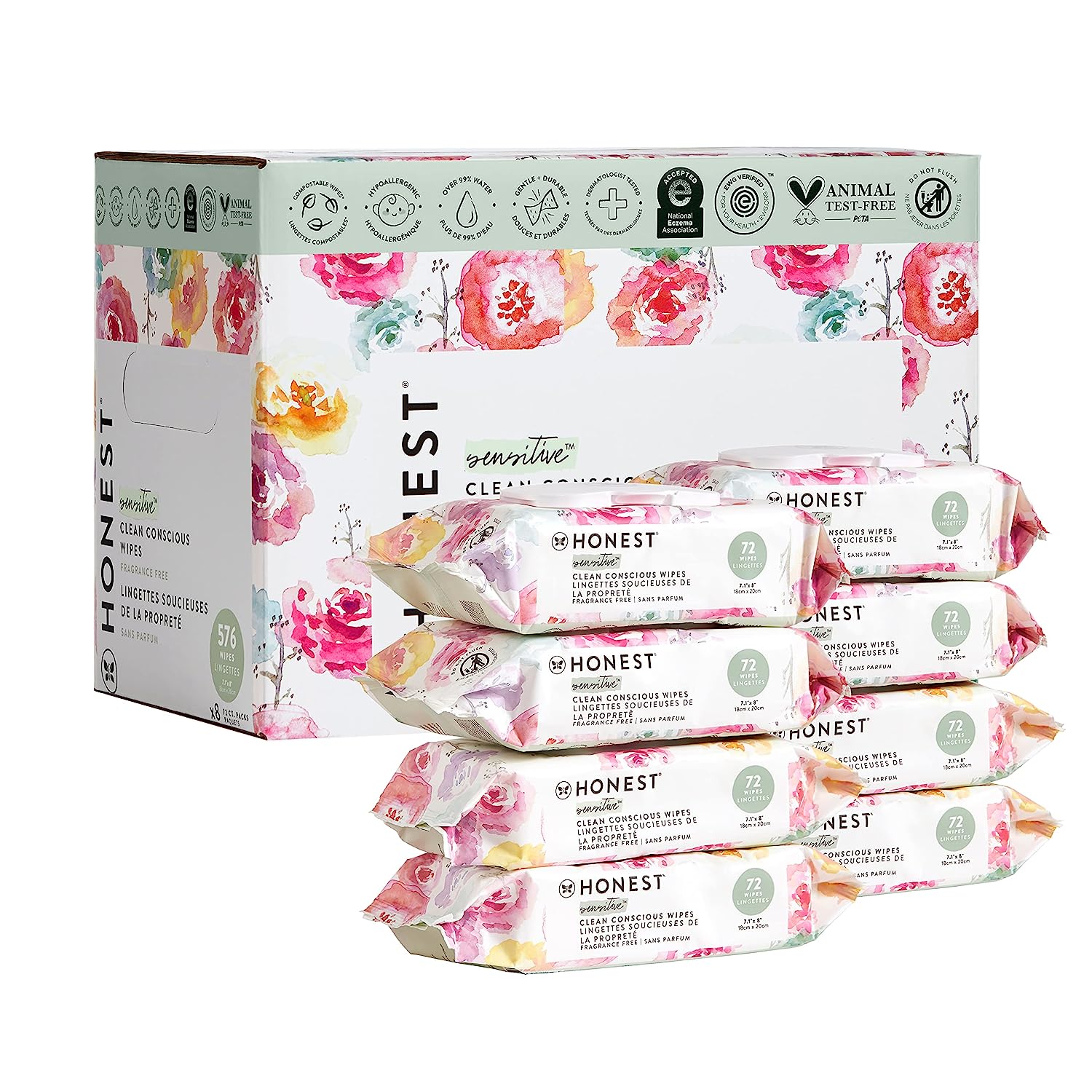 The Honest Company Clean Conscious Wipes | 99% Water. Compostable. Plant-Based. Baby Wipes | Hypoallergenic. EWG Verified | Rose Blossom. 576 Count