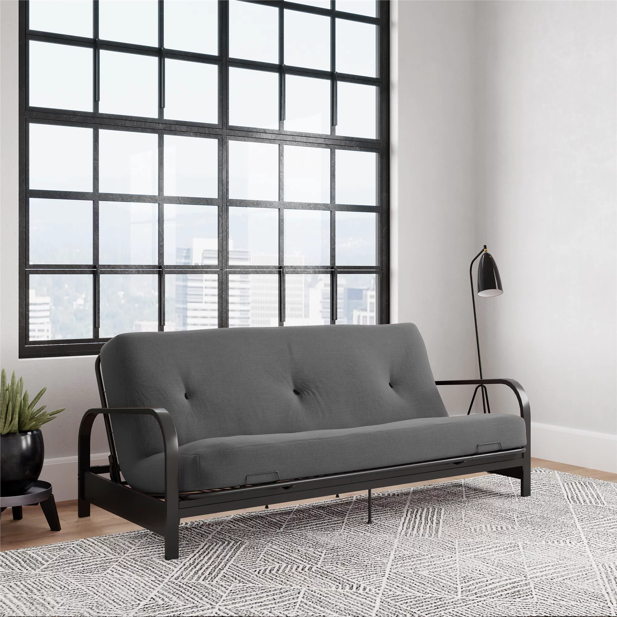 DHP Cleo Black Metal Arm Full Size Futon Frame with 6 Gray Mattress