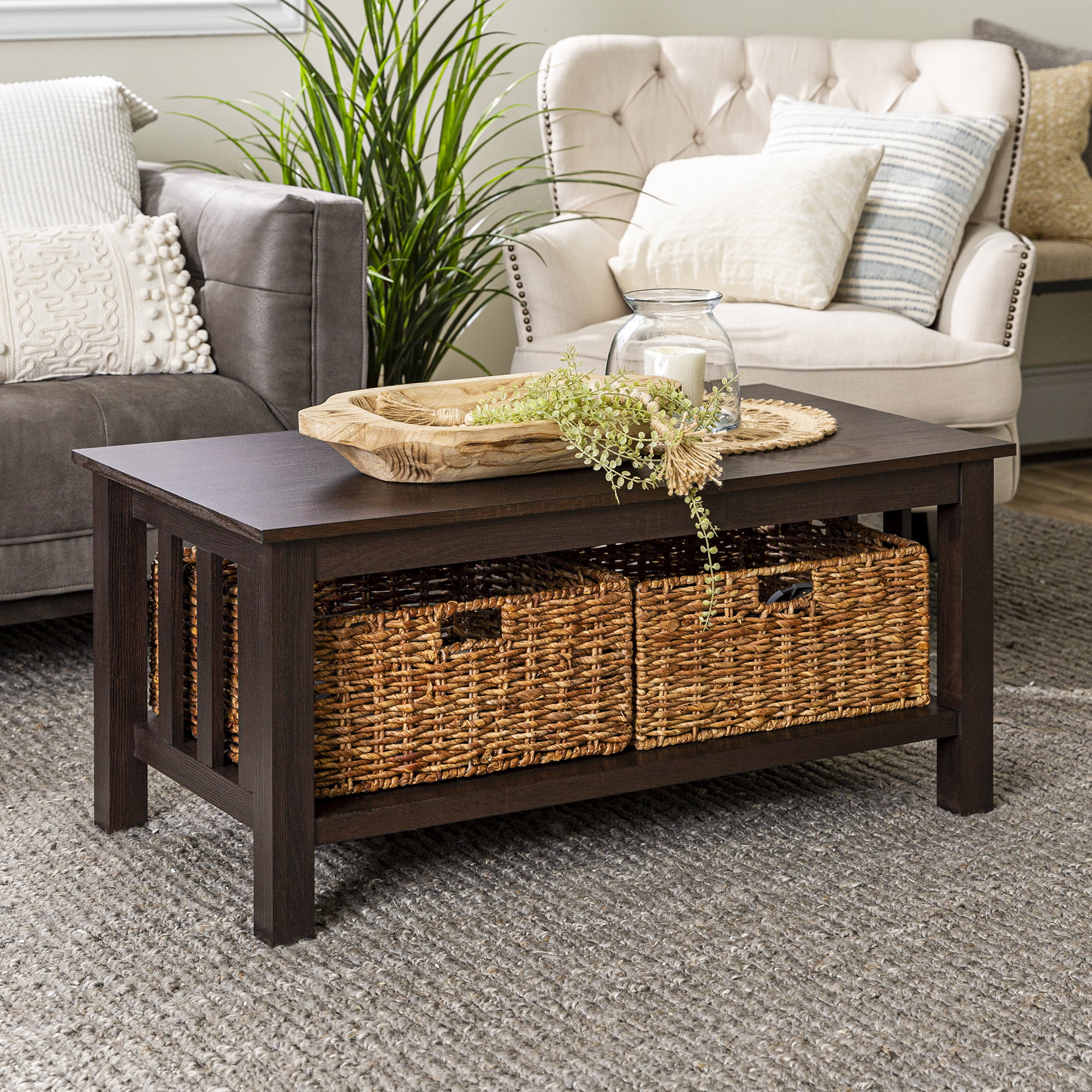 Woven Paths Traditional Storage Coffee Table with Bins. Espresso