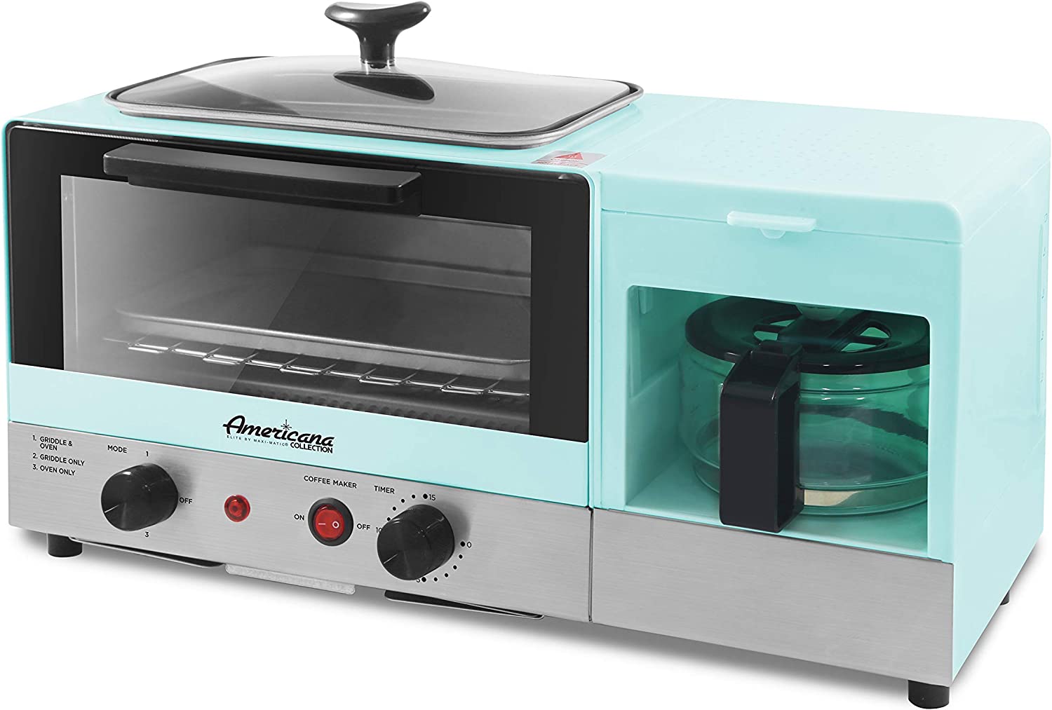 Elite Gourmet Americana 2 Slice. 9.5″ Griddle with Glass Lid 3-in-1 Breakfast Center Station. 4-Cup Coffeemaker. Toaster Oven with 15-Min Timer. Heat Selector Mode. Blue. (EBK8810BL)
