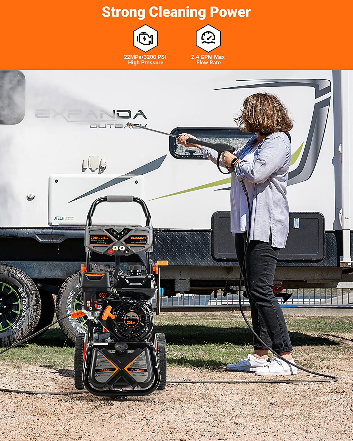 Gas Pressure Washer. ENGiNDOT 3200 PSI / 2.4 GPM Outdoor Power Equipment with 209CC 4-Stroke OHV Engine. Pressure Washer Includes Soap Tank. 5 QC Nozzles. CARB Compliant - GSH01B