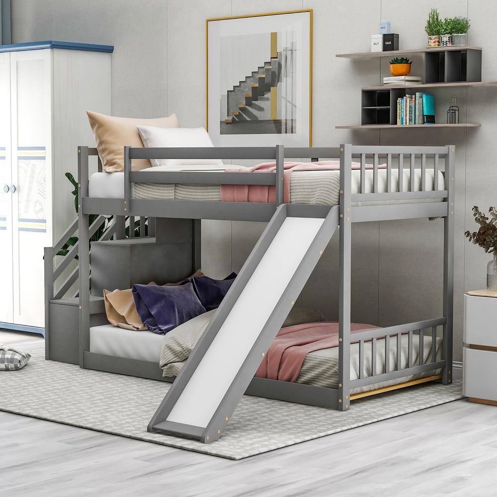 Harper & Bright Designs  Gray Twin Over Twin Bunk Bed Daybed with Slide and Stairway