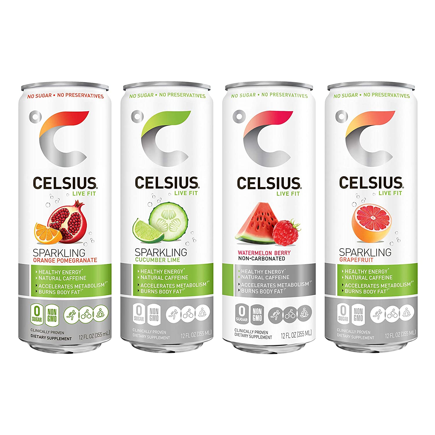 CELSIUS Sweetened with Stevia Fitness Drink 4-Flavor. Zero Sugar. 144 Fl Oz (Pack of 12)