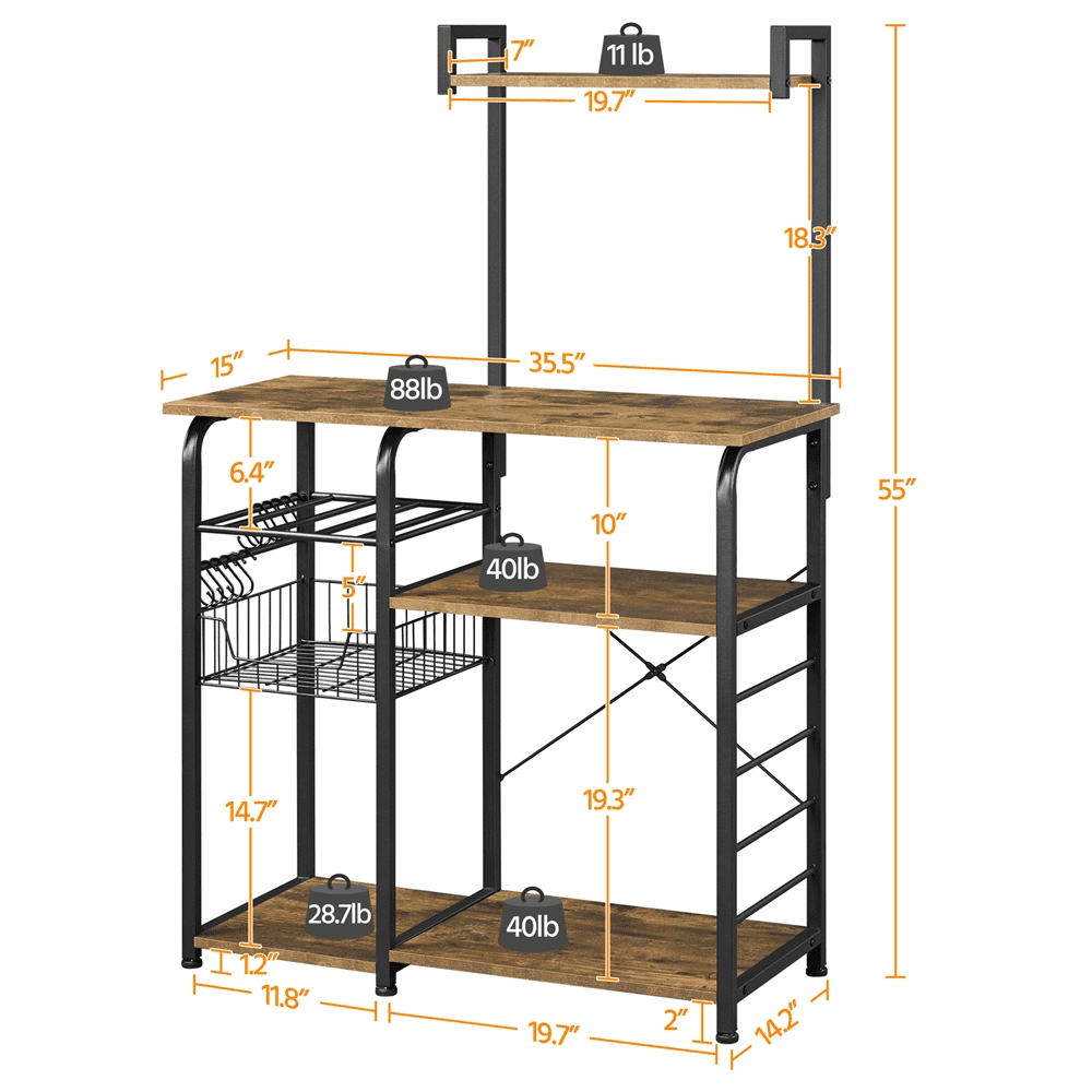 Alden Design 35.5″ Kitchen Storage Shelf Baker-s Rack with 10 Hooks. Rustic Brown