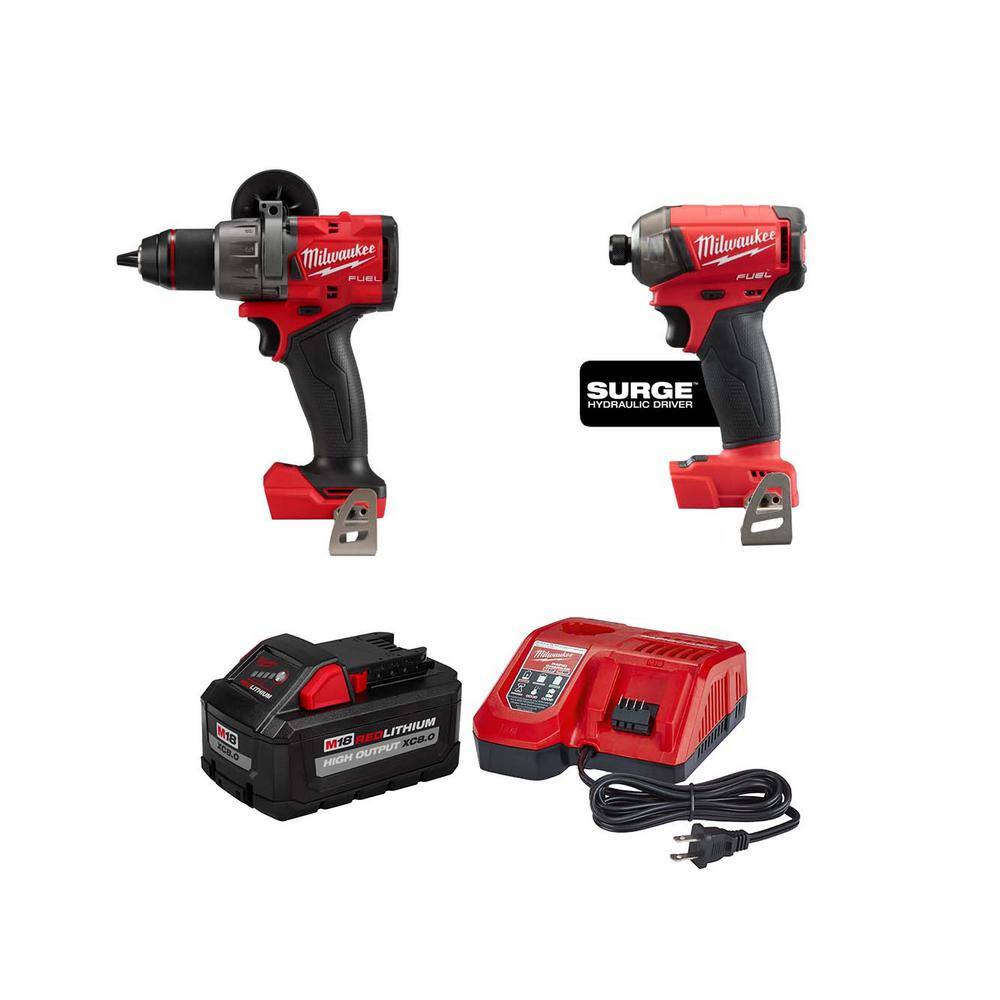 Milwaukee 2904-20-2760-20-48-59-1880 M18 FUEL 18-Volt Lithium-Ion Brushless Cordless Hammer Drill/Surge Impact Driver with 8.0 Ah Starter Kit