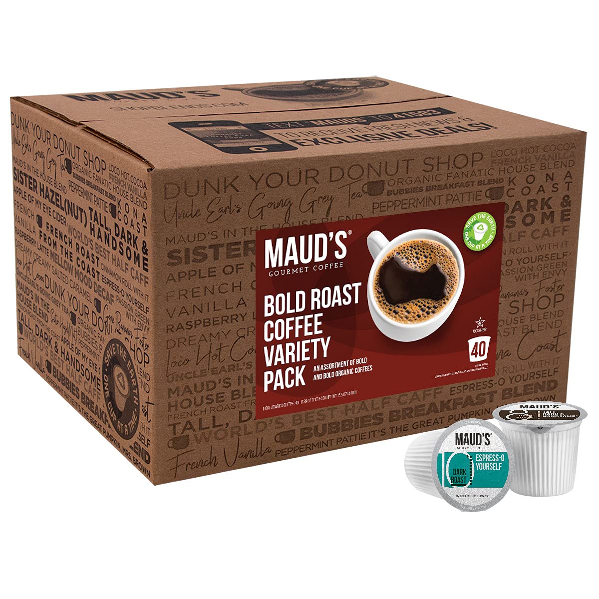 Maud-s Bold & Dark Roast Variety Pack (8 Blend Variety Pack). 40ct. Solar Energy Produced Recyclable Single Serve Variety Pack Coffee Pods - 100% Arabica Coffee California Roasted. KCup Compatible