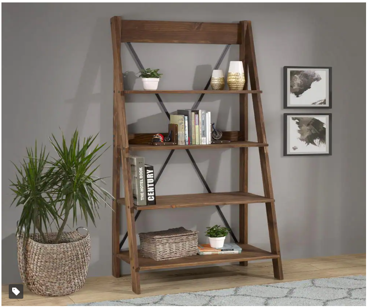 Welwick Designs 68 in. Brown Wood 4-shelf Ladder Bookcase with Open Back