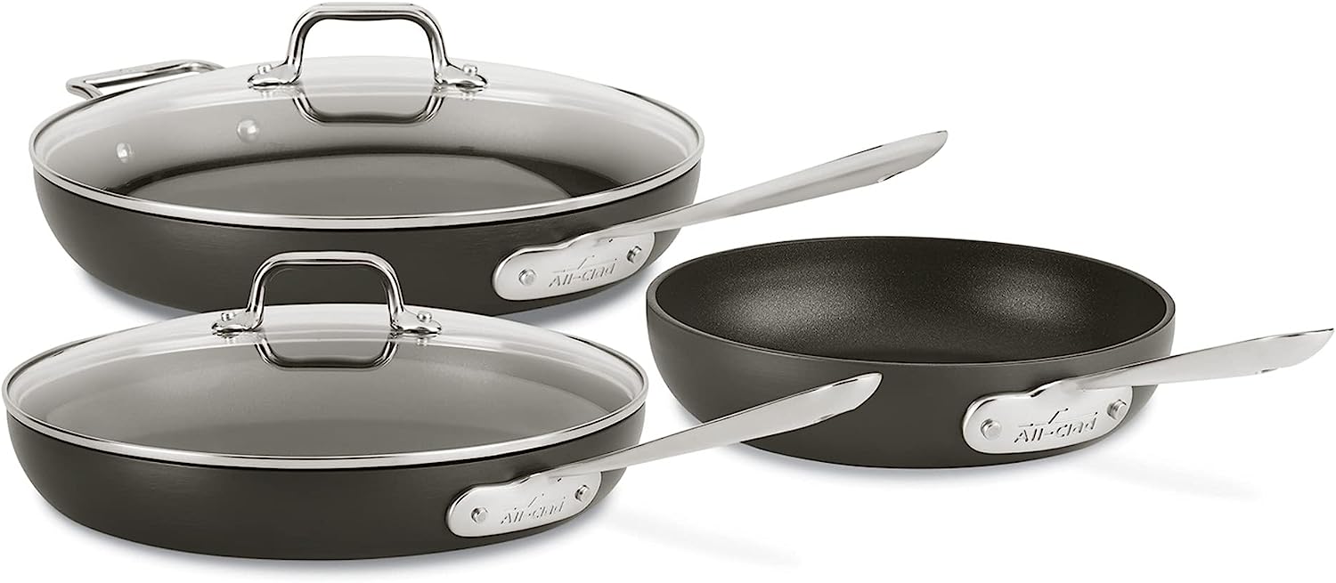 All-Clad HA1 Hard Anodized Nonstick 5 Piece Fry Pan Set 8. 10. 12 Inch Induction Pots and Pans. Cookware Black