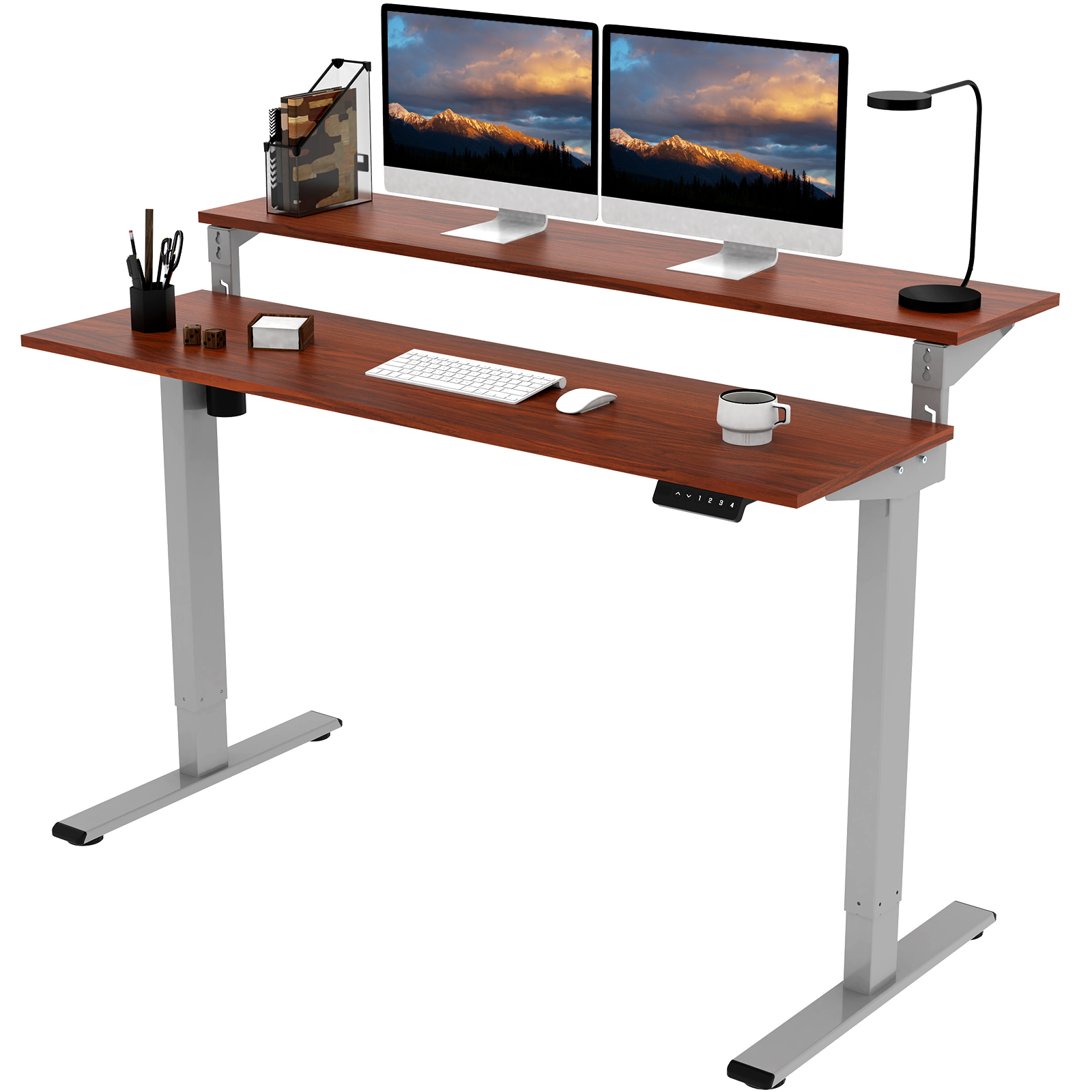 FlexiSpot 55″x28″ 2-Tier Home Office Height Adjustable Standing Desk Mahogany Top and Gray Frame