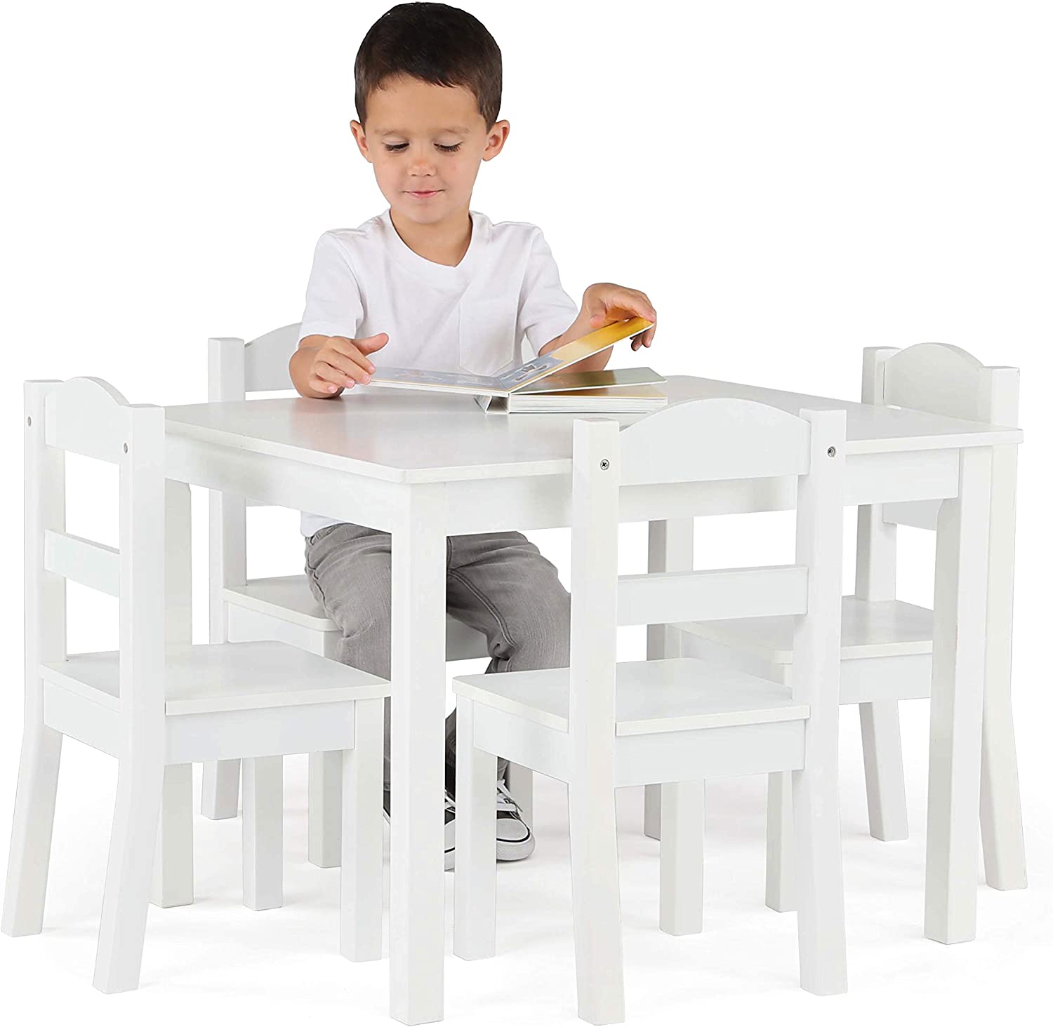 Humble Crew. White Kids Wood Table and 4 Chairs Set