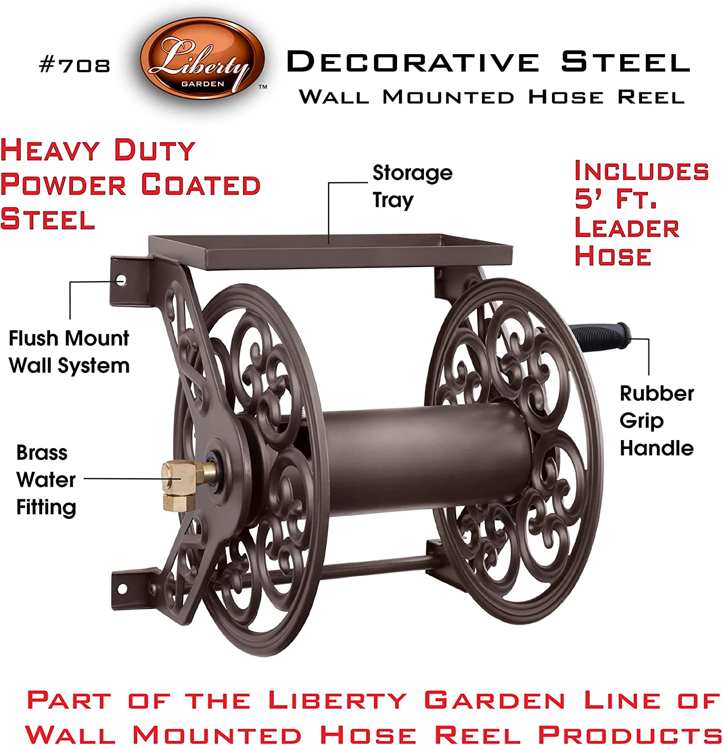 Liberty Garden Products 708 Steel Decorative Wall Mount Garden Hose Reel. Holds 125-Feet of 5/8-Inch Hose - Bronze