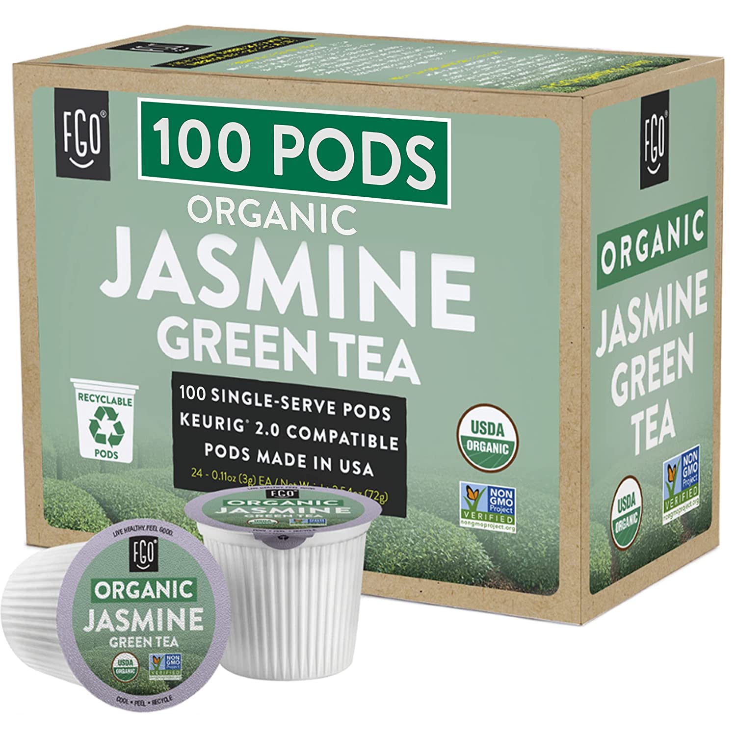 FGO Organic Jasmine Tea K-Cup Pods. 100 Pods by FGO - Keurig Compatible - Naturally Occurring Caffeine. Premium Jasmine Green Tea is USDA Organic. Non-GMO. & Recyclable