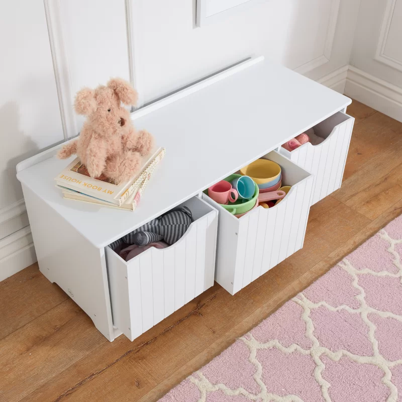 KidKraft Nantucket Wooden Storage Bench with Three Bins and Wainscoting Detail - White. Gift for Ages 3+