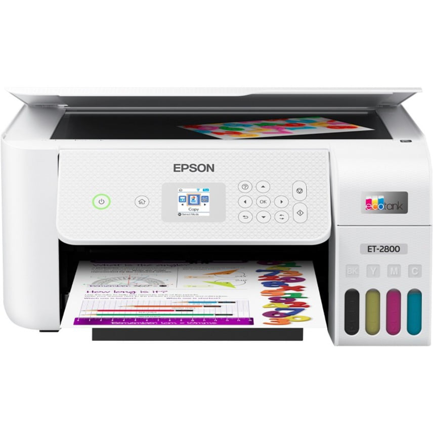 Epson EcoTank ET-2800 Inkjet Multifunction Printer-Color-Copier/Scanner-5760×1440 Print-120 sheets Input-Color Scanner-1200 Optical Scan-Wireless LAN-Epson Smart Panel App-Epson iPrint-Epson Remote Print-Apple AirPrint-Mopria