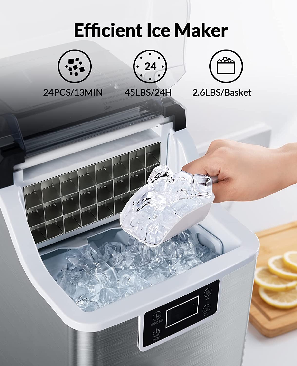 Silonn Countertop Ice Maker. 45lbs Per Day. 24Pcs Ice Cubes in 13 Min. 2 Ways to Add Water. Auto Self-Cleaning. Stainless Steel Ice Machine for Home Office Bar Party