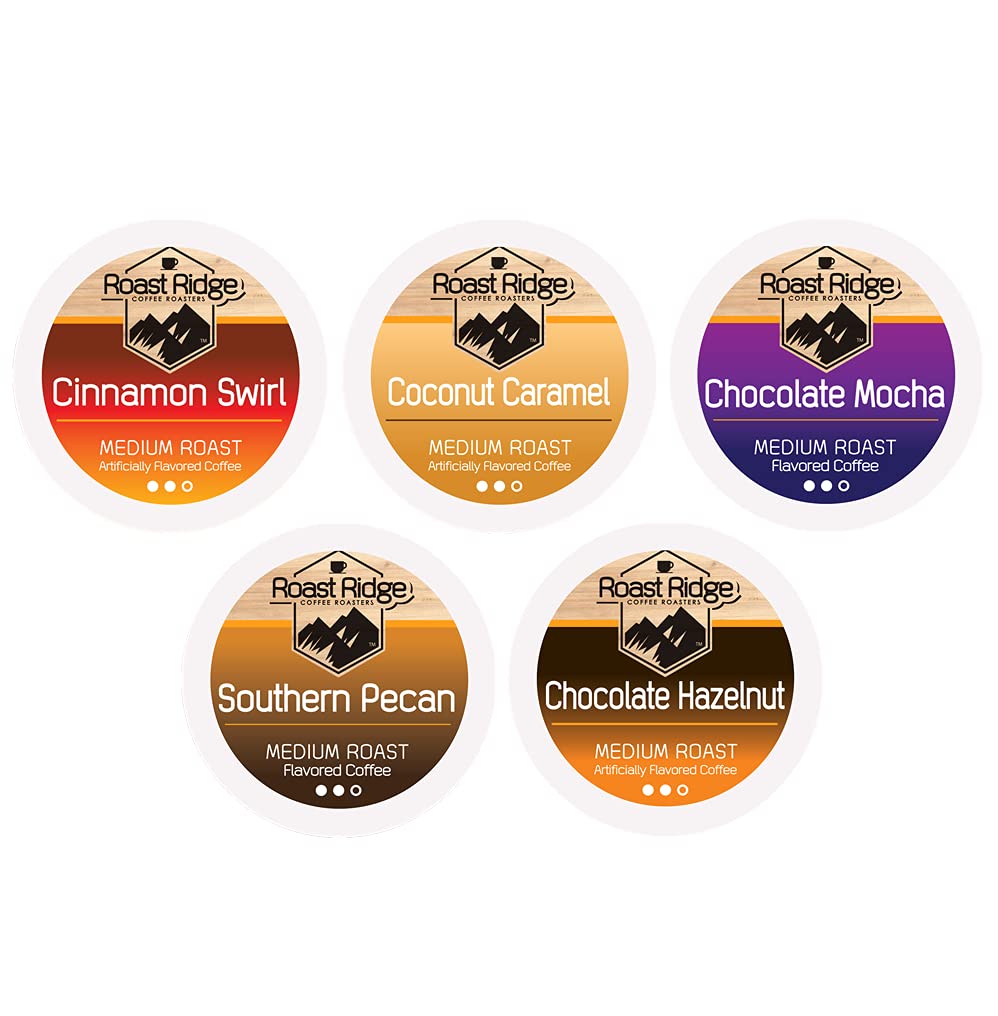 Roast Ridge Single Serve Coffee Pods for Keurig K-Cup Brewers. Variety Pack. Medium Roast. 100 Count (20 each: Cinnamon Swirl. Coconut Caramel. Chocolate Mocha. Southern Pecan. Chocolate Hazelnut)