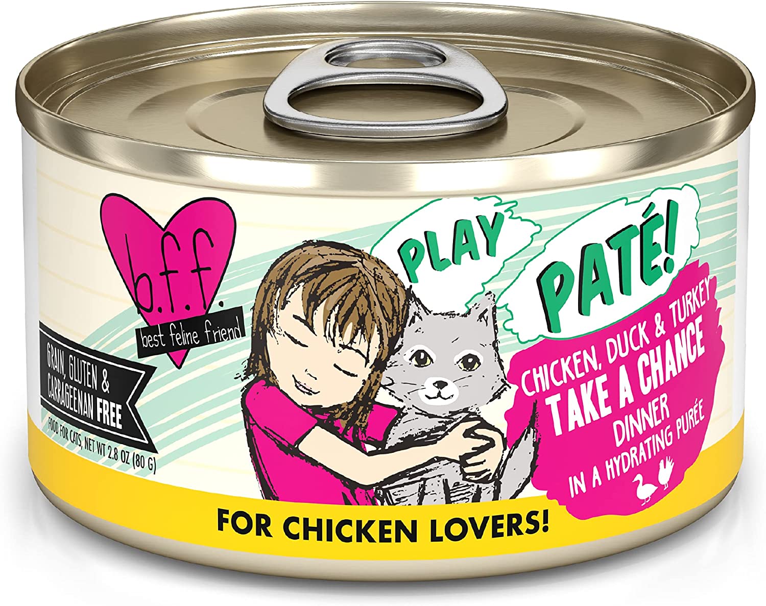 Weruva Wet Cat Food B.F.F. PLAY - Best Feline Friend Paté Lovers. Aw Yeah!. Chicken. Duck & Turkey Take a Chance with Chicken. Duck & Turkey. 2.8oz Can (Pack of 12)
