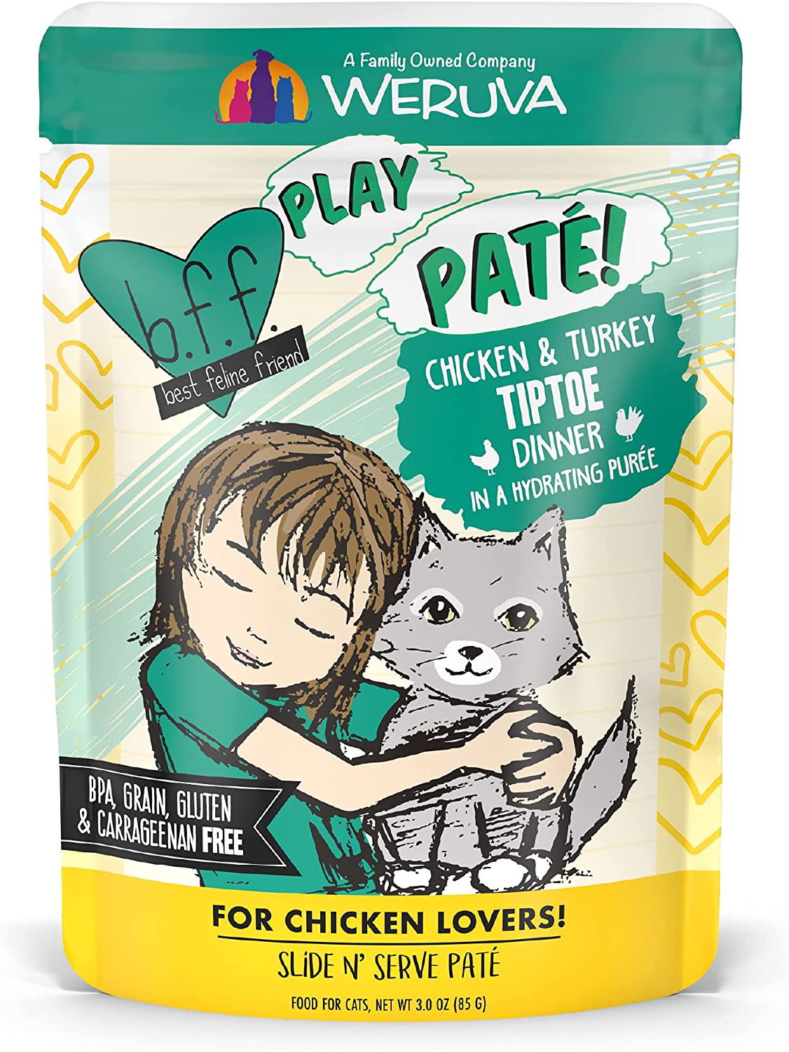 Weruva Wet Cat Food B.F.F. PLAY - Best Feline Friend Paté Lovers. Aw Yeah!. Chicken & Turkey Tiptoe with Chicken & Turkey. 3oz Pouch (Pack of 12)