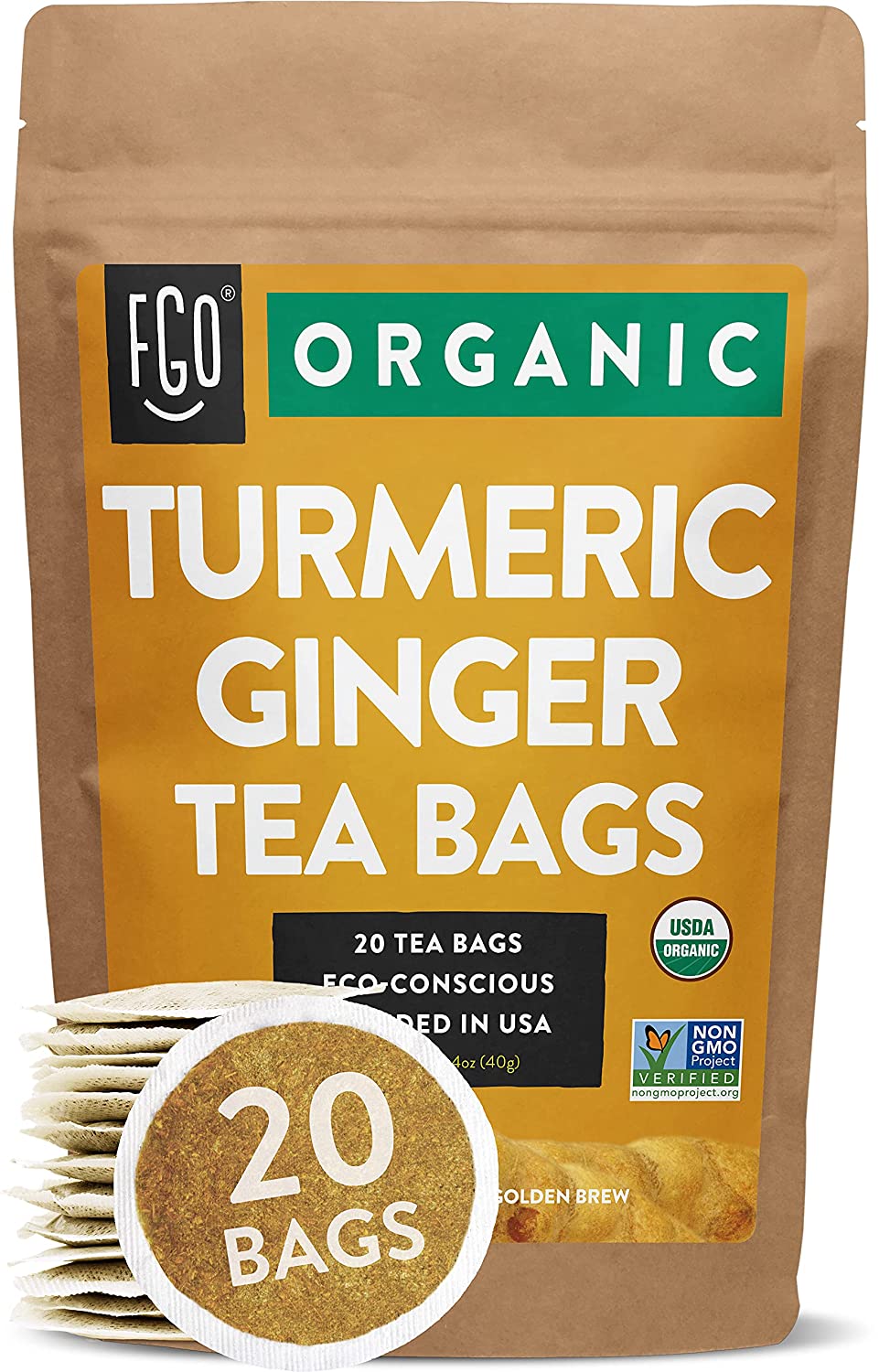 FGO Organic Turmeric Ginger Tea Bags 100 Tea Bags Eco-Conscious Tea Bags in Kraft Bag