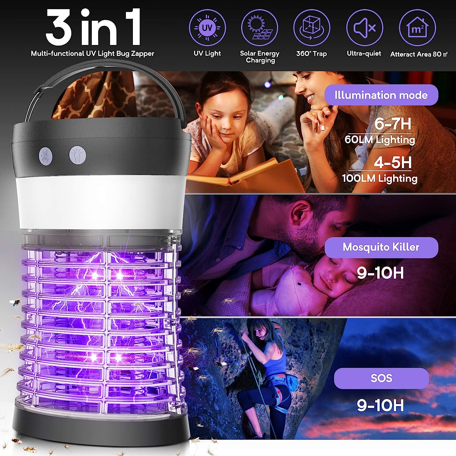 Elechome Bug Zapper. Solar Mosquito Zapper for Indoor & Outdoor. Rechargeable Electric Insect Fly Trap for Home.Kitchen.Patio. Backyard.Camping (3000 Volt)